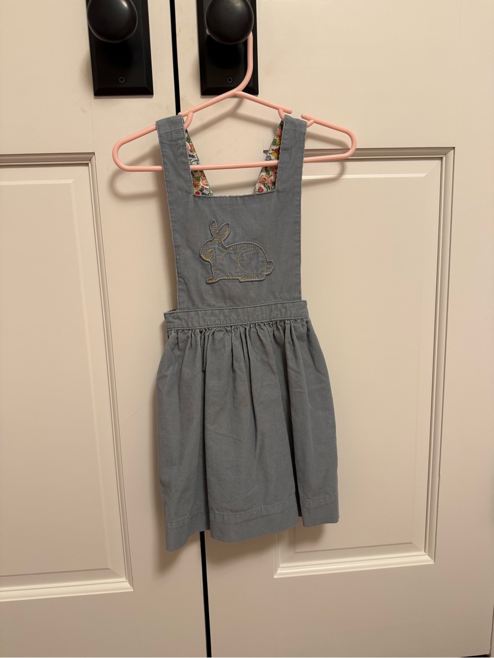 Mini Boden Toddler Girls Blue Pinafore Dress with Bunny Applique